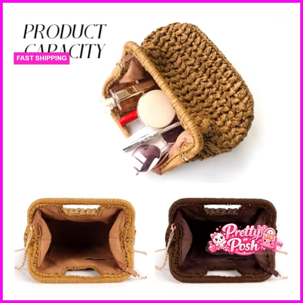 Straw Clutch Purse, Woven Evening Shoulder Bag with Detachable Chain Strap - Picture 4 of 7